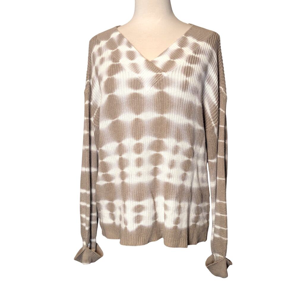 New Directions Women's Large Sweater Tan & White Tie Dyed V-Neck Long Sleeve